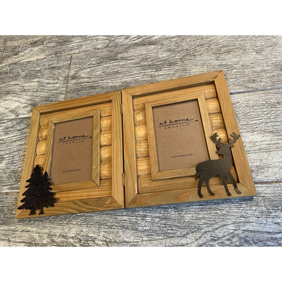 Wood Double Picture Frame At Home America Rustic Cabin Tabletop Photo 3.5 x‎ 5 - Picture 1 of 6